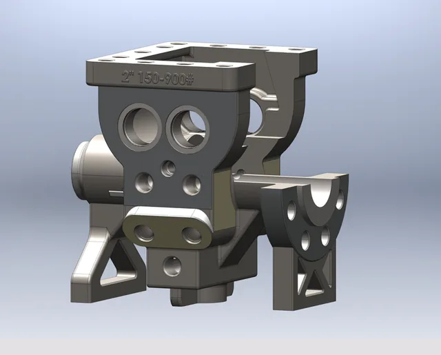 CAD cutaway view of a dual chamber body with internal openings and a separate section