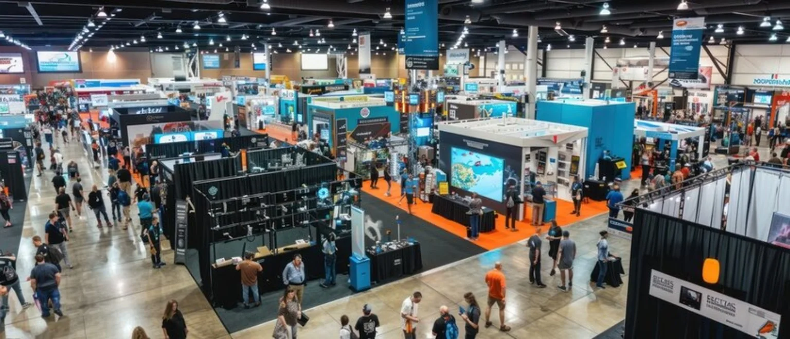 Exhibition hall with industrial trade-show displays