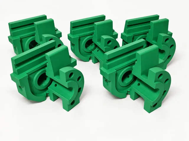 Green 3D printed cutaway bodies with internal passages visible
