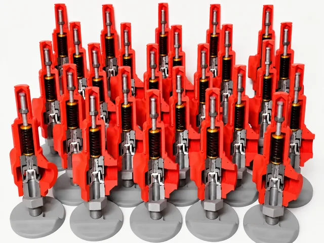 Red industrial valve cutaway models with exposed springs and internal components