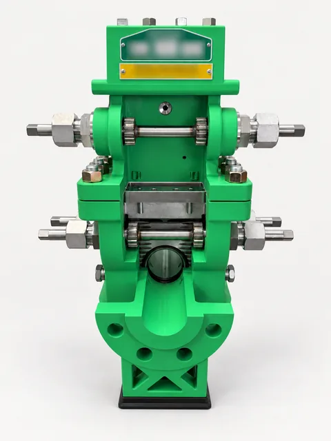 Hybrid model — front cutaway: green 3D printed body combined with real metal components
