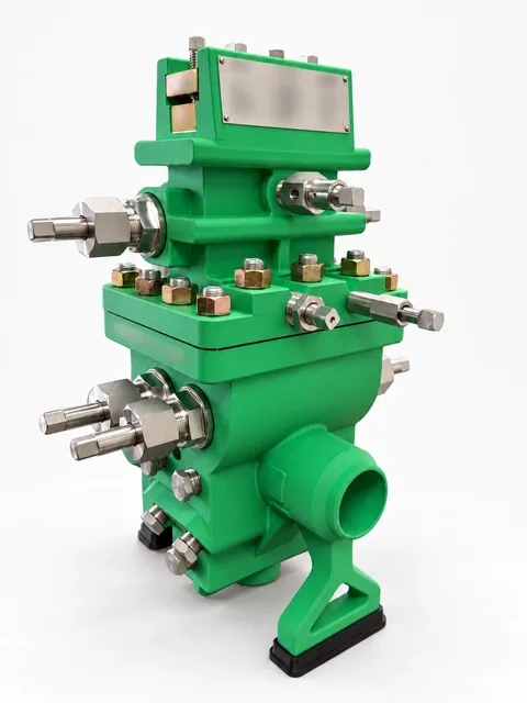 Hybrid model — assembled body: green 3D printed body combined with real metal components