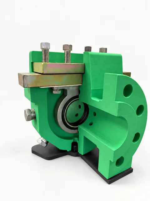 Hybrid model — metal and printed detail: green 3D printed body combined with real metal components